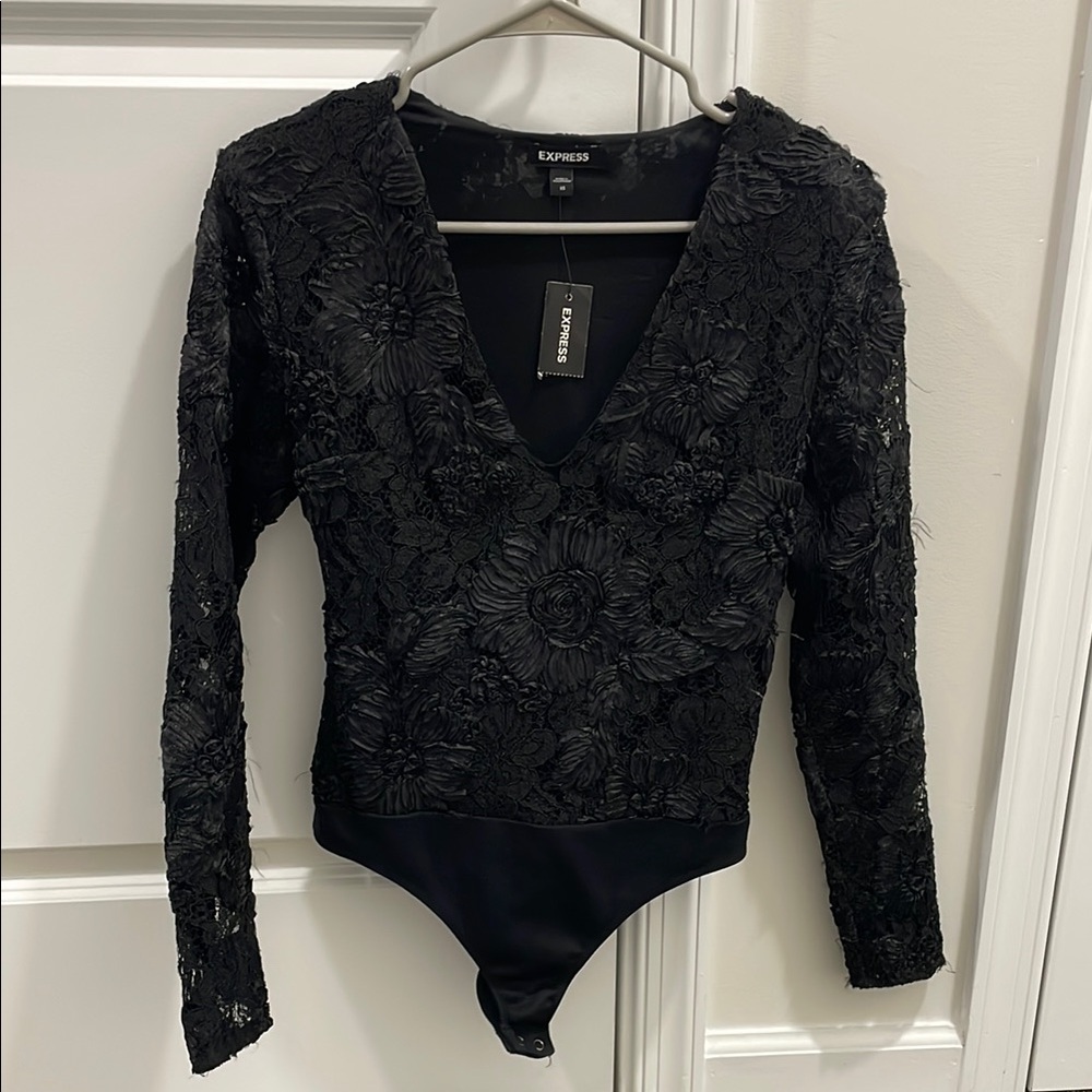 Express Black Floral Lace Bodysuit
